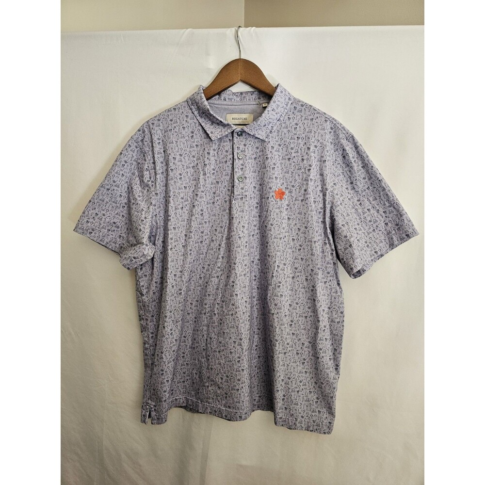Bugatchi Men’s Polo Shirt XL Golf Print 8-Way Stretch Gray Short Sleeve Casual